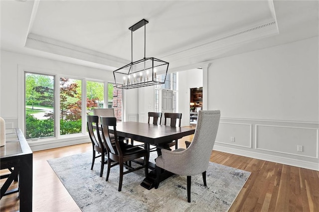 dining area with a tray ceiling, a notable chandelier, plenty of natural light, and wood finished floors