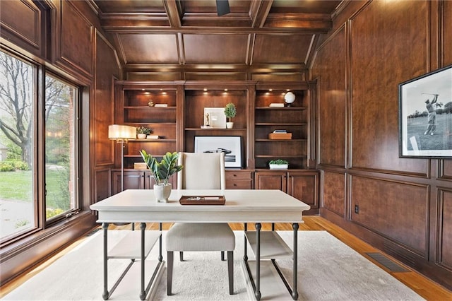 office space with wooden walls, wooden ceiling, plenty of natural light, and visible vents
