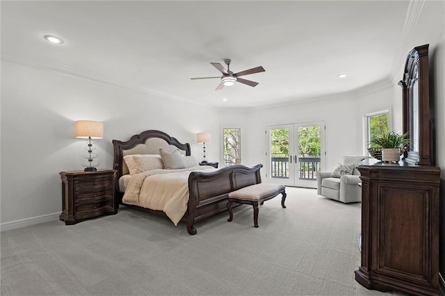 bedroom featuring ceiling fan, french doors, access to exterior, light colored carpet, and ornamental molding