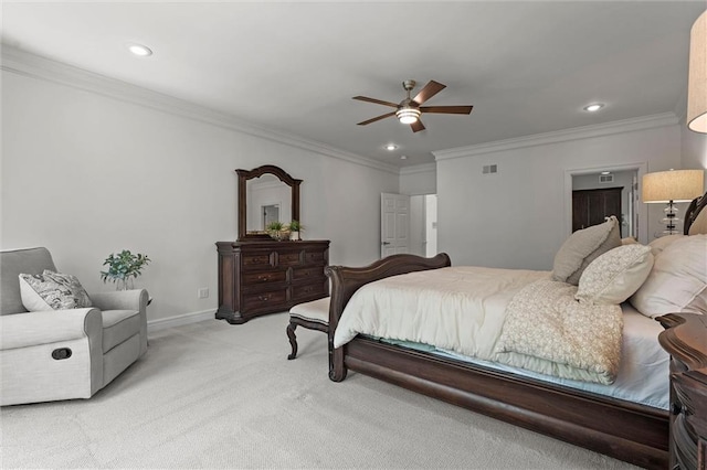 bedroom with baseboards, ornamental molding, light carpet, and recessed lighting