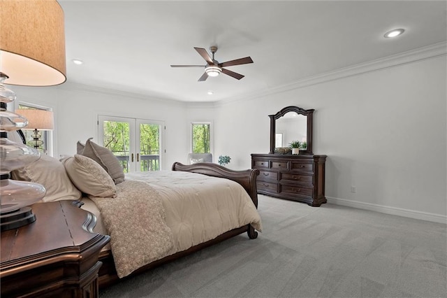 bedroom featuring crown molding, access to exterior, baseboards, light colored carpet, and recessed lighting