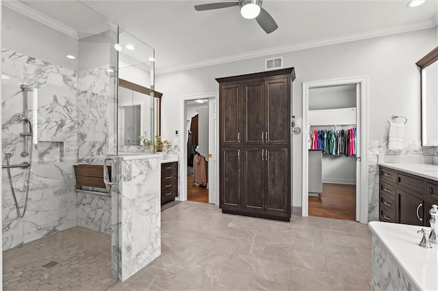 full bathroom featuring visible vents, crown molding, marble finish floor, a ceiling fan, and a marble finish shower