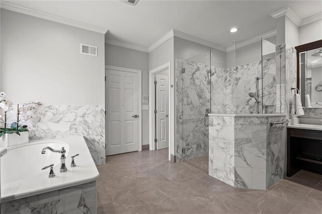 bathroom featuring visible vents, crown molding, marble finish floor, vanity, and a marble finish shower