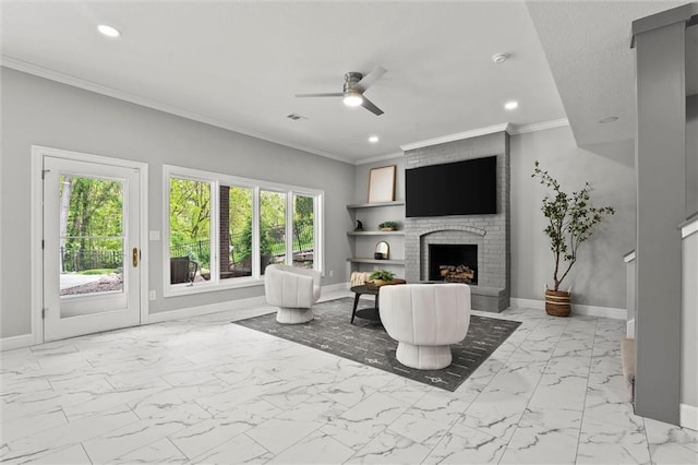 living area featuring ornamental molding, marble finish floor, baseboards, ceiling fan, and recessed lighting
