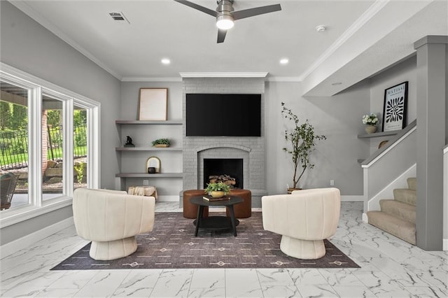 living area with ceiling fan, recessed lighting, visible vents, and marble finish floor