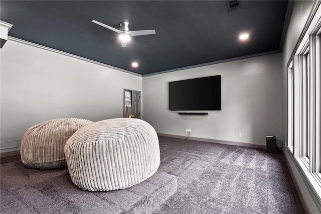 home theater room featuring carpet flooring, a ceiling fan, baseboards, recessed lighting, and visible vents