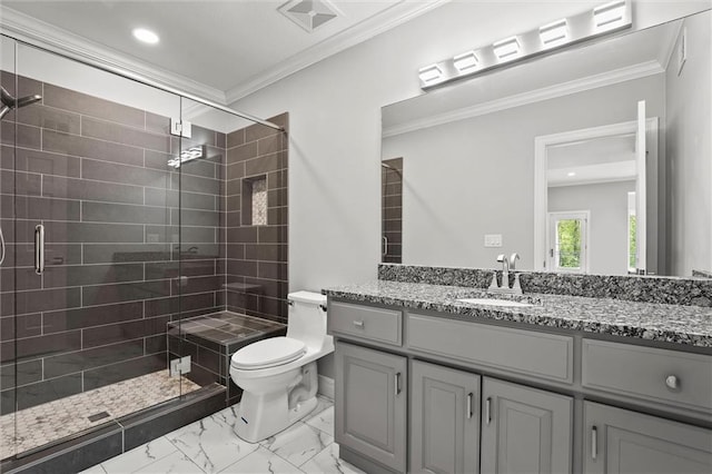 bathroom with crown molding, a shower stall, toilet, and visible vents
