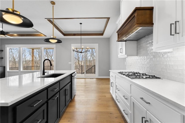 24919 W 145th St, Olathe, KS 66061 - kitchen featuring a sink, a tray ceiling, appliances with stainless steel finishes, premium range hood, and white cabinetry