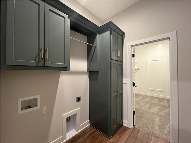 24919 W 145th St, Olathe, KS 66061 - laundry room featuring hookup for an electric dryer, hookup for a washing machine, cabinet space, dark wood finished floors, and baseboards