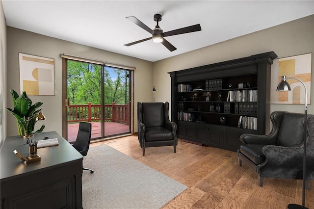 home office featuring ceiling fan and wood finished floors