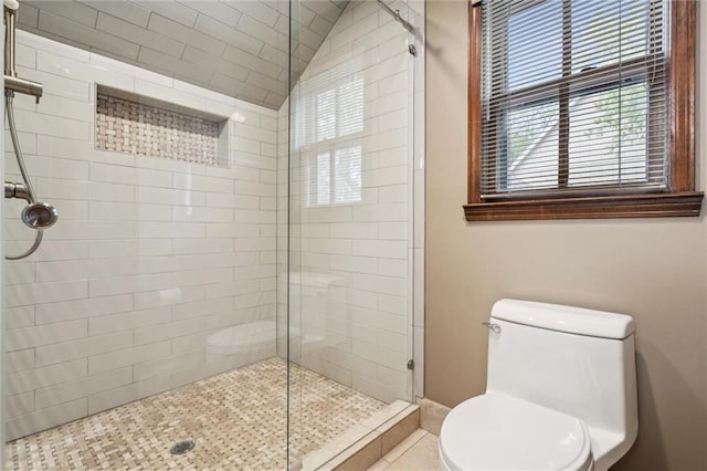full bath with a healthy amount of sunlight, tile patterned flooring, a shower stall, and toilet