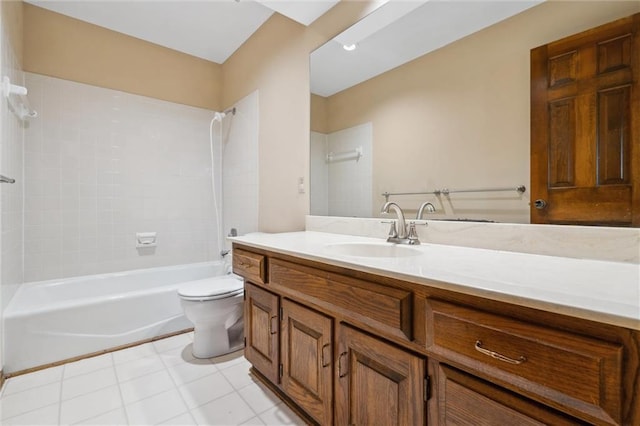 full bathroom with toilet, washtub / shower combination, tile patterned flooring, and vanity