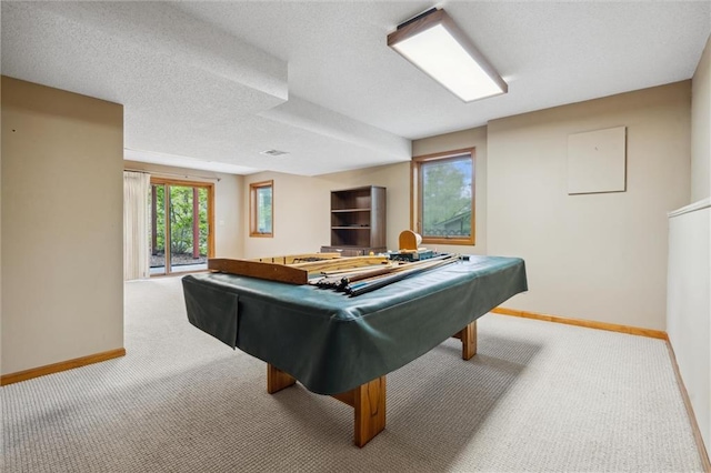 rec room with baseboards, carpet flooring, and billiards