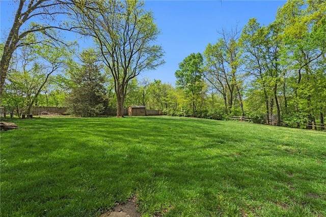 view of yard with a storage shed, fence, and an outdoor structure