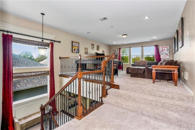 8912 NE 97th St, Kansas City, MO 64157 - staircase with visible vents, baseboards, carpet flooring, and recessed lighting