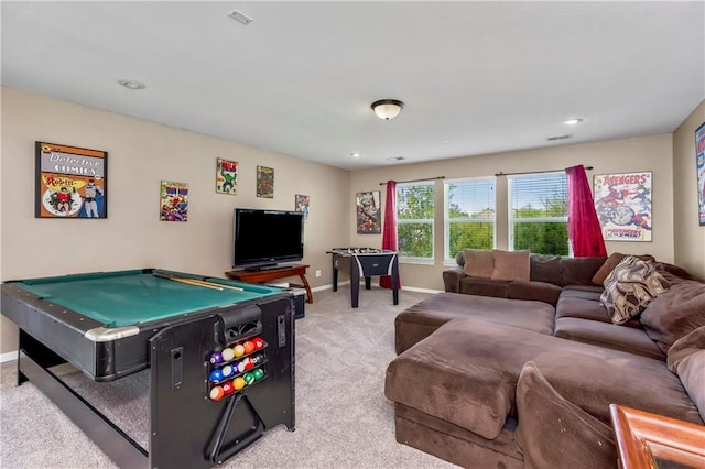 8912 NE 97th St, Kansas City, MO 64157 - recreation room with light colored carpet, baseboards, billiards, and recessed lighting