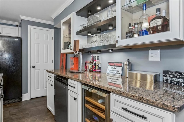 8912 NE 97th St, Kansas City, MO 64157 - bar featuring a dry bar, wine cooler, freestanding refrigerator, baseboards, and crown molding