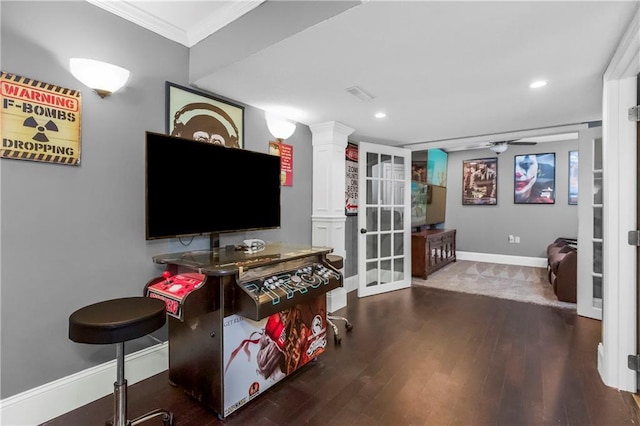 8912 NE 97th St, Kansas City, MO 64157 - interior space with ornate columns, wood finished floors, a ceiling fan, ornamental molding, and baseboards