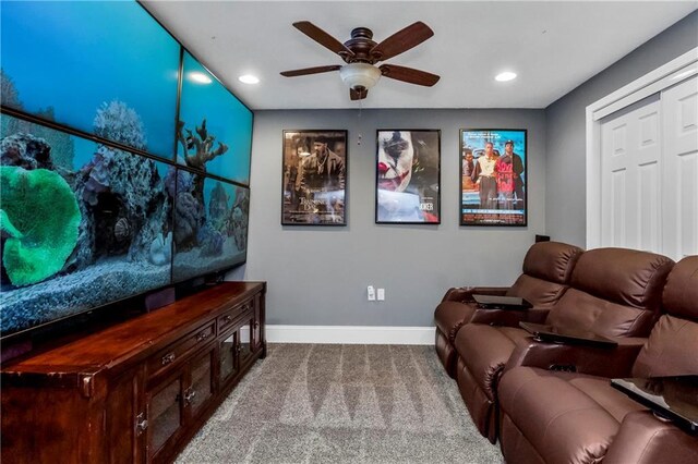 8912 NE 97th St, Kansas City, MO 64157 - cinema room with recessed lighting, carpet flooring, baseboards, and a ceiling fan