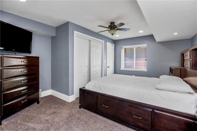 8912 NE 97th St, Kansas City, MO 64157 - carpeted bedroom with baseboards, recessed lighting, a closet, and ceiling fan