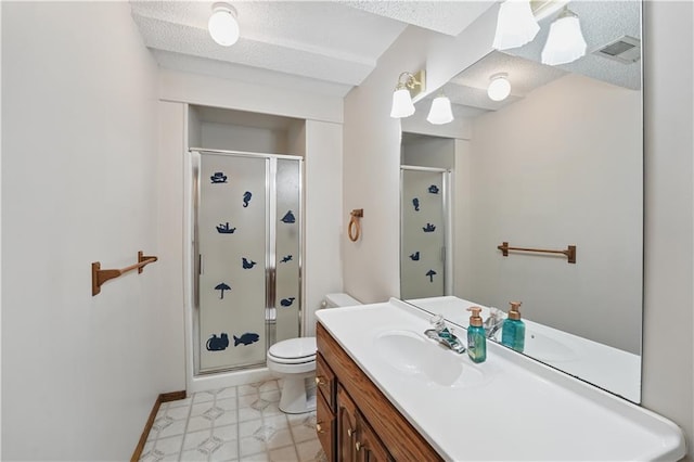 full bathroom featuring vanity, toilet, baseboards, visible vents, and a stall shower