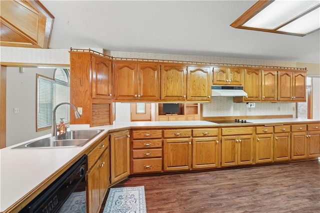kitchen with brown cabinetry, dark wood-style floors, under cabinet range hood, a sink, and black appliances