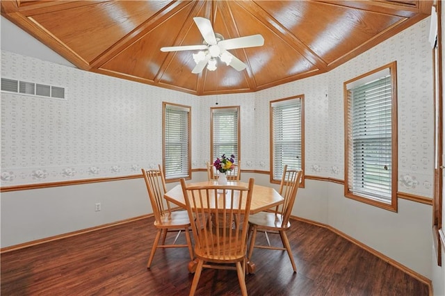 dining room with ceiling fan, visible vents, a wealth of natural light, and dark wood-type flooring