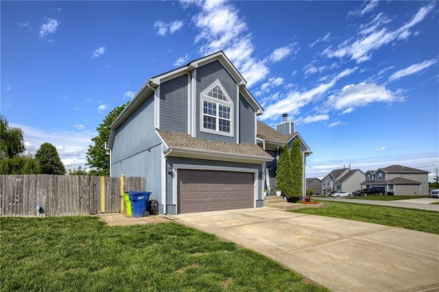view of home's exterior featuring a garage, driveway, cooling unit, and a chimney