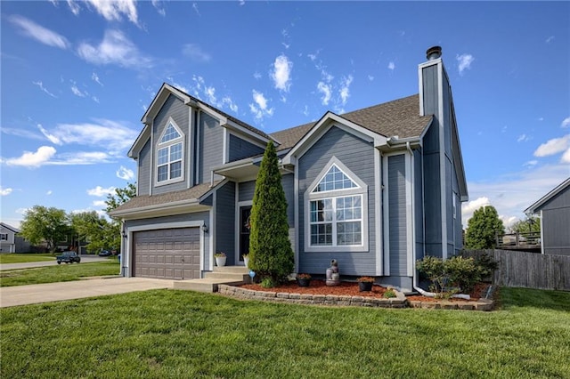 view of front of house featuring driveway, a chimney, and a garage
