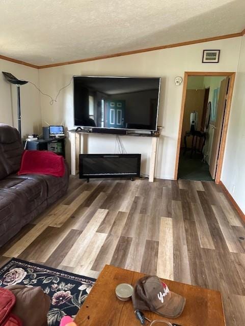 4323 NW County Road 17402nd St, Adrian, MO 64720 - living area with wood finished floors, crown molding, and a textured ceiling