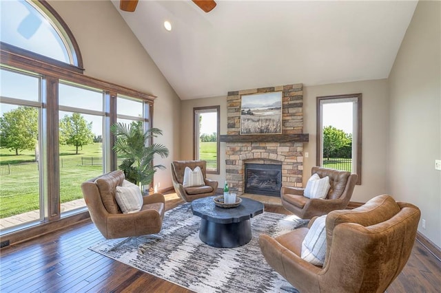 18670 W 248th St, Paola, KS 66071 - living area featuring plenty of natural light, ceiling fan, dark wood finished floors, high vaulted ceiling, and recessed lighting
