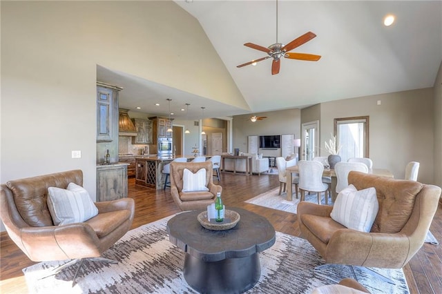 18670 W 248th St, Paola, KS 66071 - living area with ceiling fan, high vaulted ceiling, and dark wood finished floors