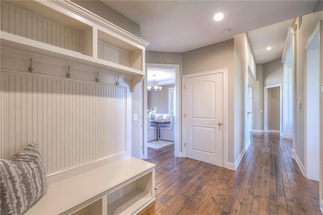 18670 W 248th St, Paola, KS 66071 - mudroom with dark wood-style floors, baseboards, recessed lighting, and a chandelier