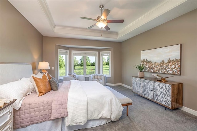 18670 W 248th St, Paola, KS 66071 - carpeted bedroom with a tray ceiling, baseboards, crown molding, and ceiling fan