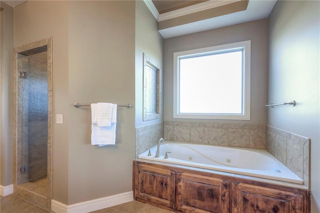 18670 W 248th St, Paola, KS 66071 - full bathroom featuring a jetted tub, ornamental molding, a stall shower, and tile patterned floors