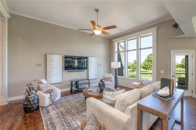18670 W 248th St, Paola, KS 66071 - living room with ornamental molding, a ceiling fan, hardwood / wood-style flooring, and baseboards
