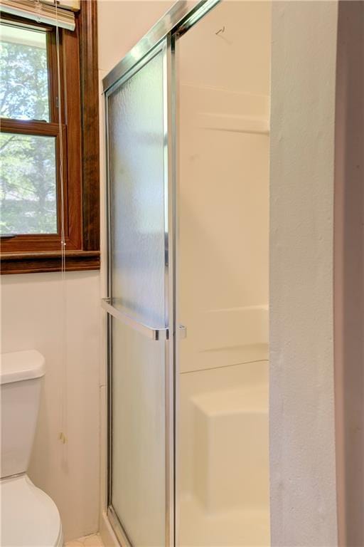 full bathroom featuring a stall shower and toilet