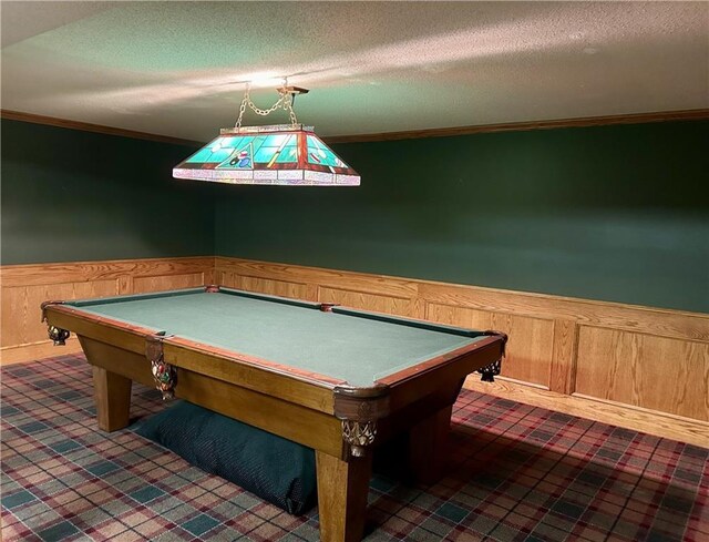 2317 Rhonda Rd, Excelsior Springs, MO 64024 - rec room with ornamental molding, wainscoting, a textured ceiling, and pool table