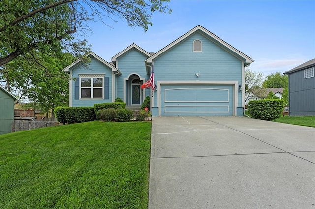 ranch-style home featuring an attached garage, a front lawn, and concrete driveway