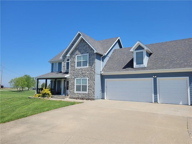 30994 W 98th St, De Soto, KS 66018 - craftsman inspired home with concrete driveway, a garage, a front lawn, and stone siding