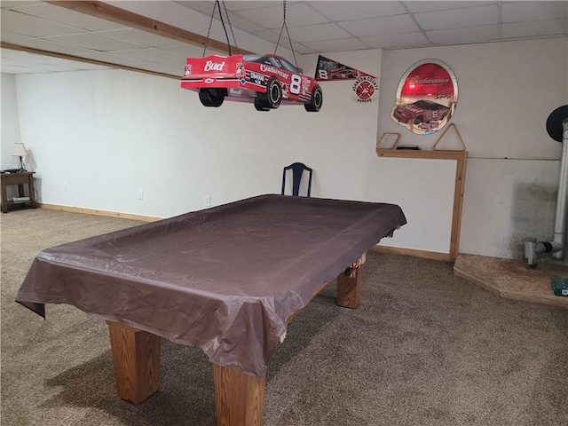 30994 W 98th St, De Soto, KS 66018 - recreation room with carpet flooring, a paneled ceiling, billiards, baseboards, and a wood stove