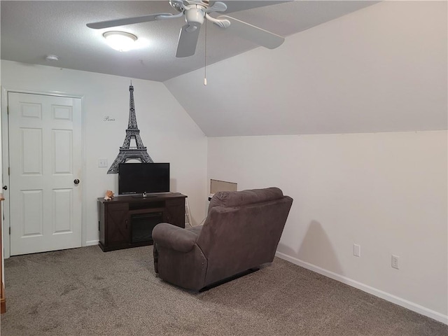 30994 W 98th St, De Soto, KS 66018 - sitting room with a ceiling fan, carpet floors, baseboards, and lofted ceiling