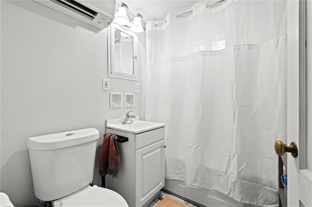 5518 Virginia Ave, Kansas City, MO 64110 - bathroom featuring toilet, vanity, a wall mounted air conditioner, and shower / bathtub combination with curtain