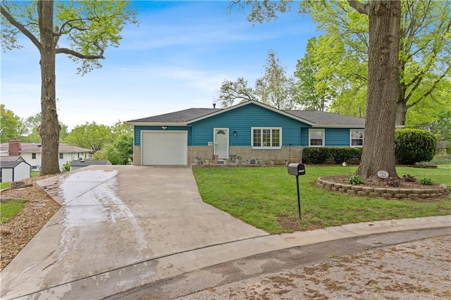 single story home featuring concrete driveway, brick siding, an attached garage, and a front lawn
