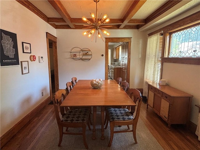 4019 Holly St, Kansas City, MO 64111 - dining area with a chandelier, wood finished floors, coffered ceiling, and beamed ceiling