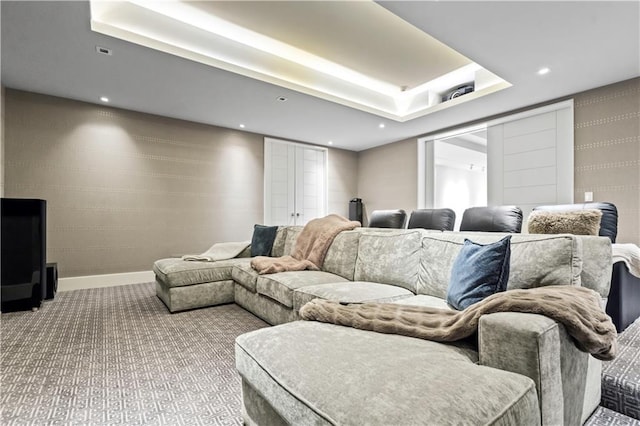 10712 W 165th St, Overland Park, KS 66221 - carpeted home theater room with recessed lighting, a tray ceiling, and baseboards