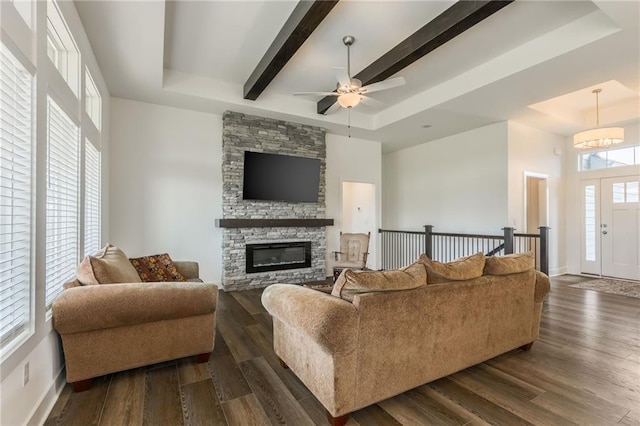 living room with a ceiling fan, dark wood finished floors, and a tray ceiling
