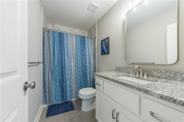 full bathroom with tile patterned flooring, vanity, toilet, curtained shower, and visible vents