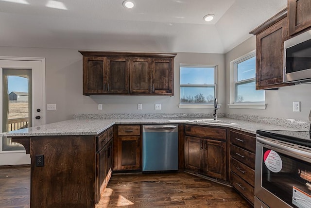 kitchen featuring a peninsula, plenty of natural light, dark wood-style flooring, and stainless steel appliances