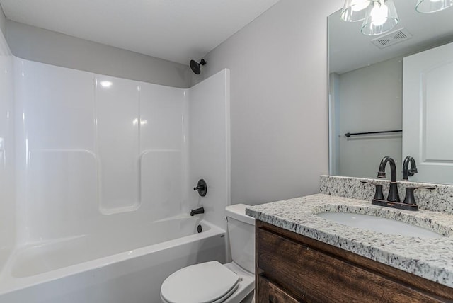 bathroom with shower / bath combination, visible vents, toilet, and vanity